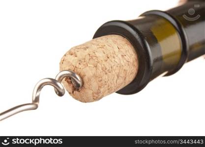 pulling corkscrew cork from the bottle isolated on a white background