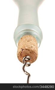 pulling corkscrew cork from the bottle isolated on a white background