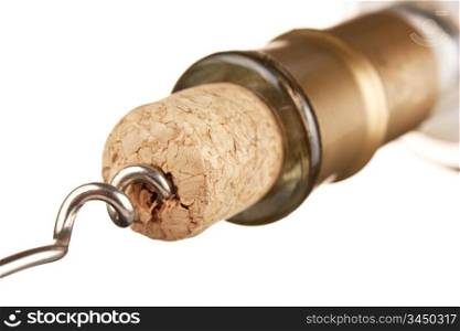 pulling corkscrew cork from the bottle isolated on a white background