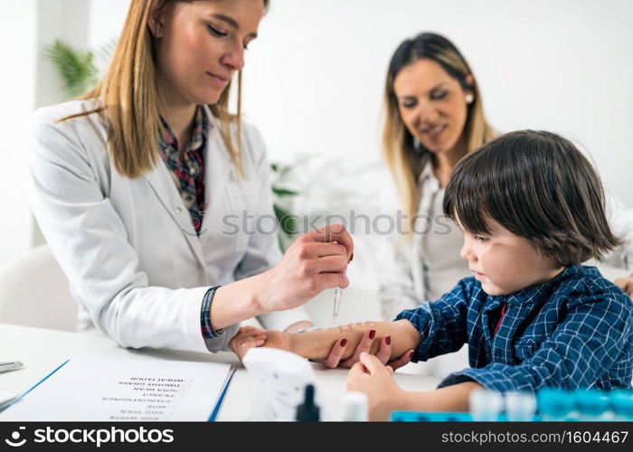 Pulmonologist Doing Skin Allergy Test on Little Boy . Pulmonologist Doing Skin Allergy Test 