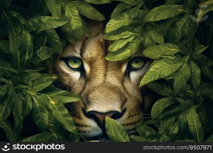 Puma head hidden in green leaves, generative ai