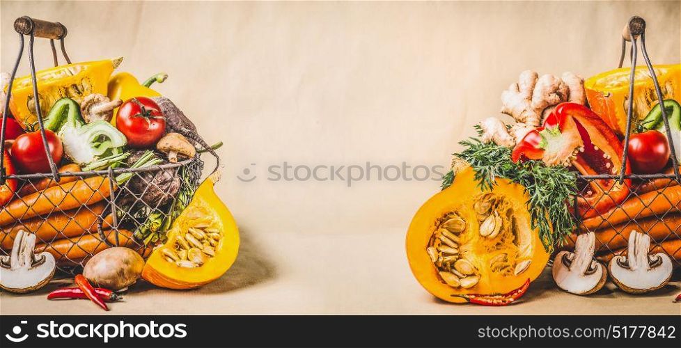 Pumpkin and organic seasonal harvest vegetables for vegetarian and healthy cooking, front view, banner