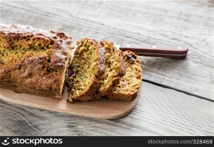 Pumpkin bread on the wooden board