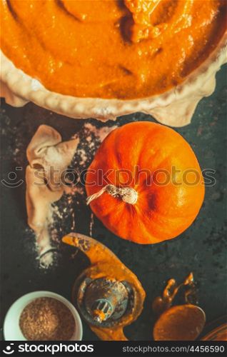 Pumpkin for traditional pie for thanksgiving day, top view