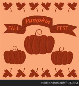 Pumpkin. Harvest. Fall Fest. Concept of a holiday. Hand paper cut elements. Poster, banner, invitation. Leaves ribbon with text. Pumpkin. Harvest. Fall Fest. Hand paper cut elements. Poster, banner, invitation. Pumpkin, leaves, ribbon with text