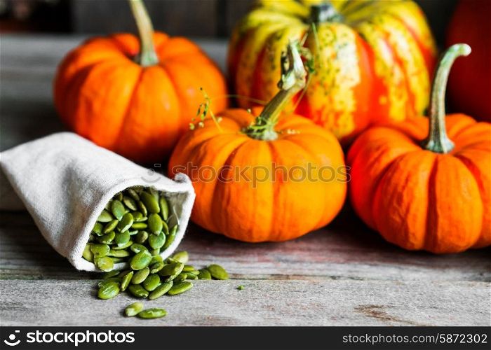 Pumpkin seeds on rustic background