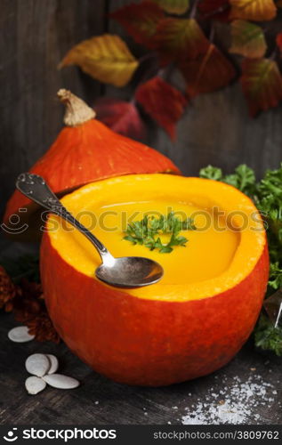 Pumpkin soup for halloween party or thanksgiving day concept