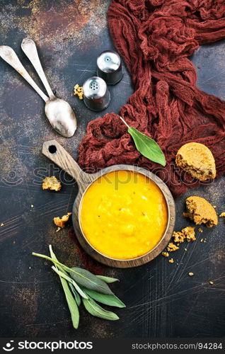 pumpkin soup in bowl, pumpkin soup with salt and spice