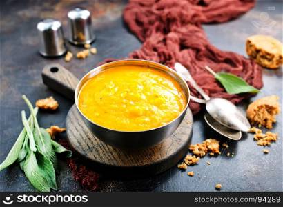 pumpkin soup in bowl, pumpkin soup with salt and spice