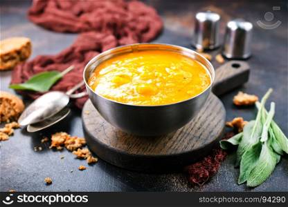 pumpkin soup in bowl, pumpkin soup with salt and spice