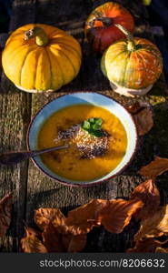 pumpkin soup on wooden table autumn dish