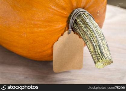 pumpkin with a blank paper price tag - Halloween or Thanksgiving holiday shopping concept