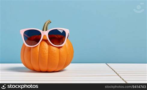 Pumpkin with sunglasses on a blue background. 3d rendering