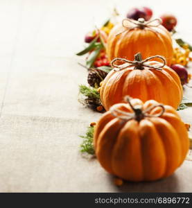 Pumpkins composition on rustic background