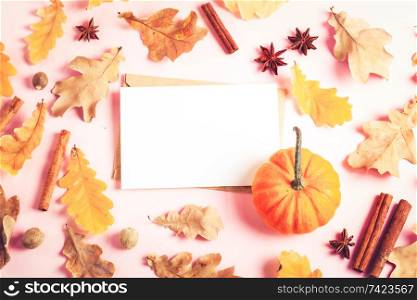 Pumpkins, fall leaves and spices on pink flat lay autumn background, copy space on white greeting card, retro toned. pumpkin on table