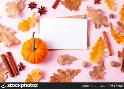 Pumpkins, fall leaves and spices on pink flat lay autumn background, copy space on white blank greeting card. pumpkin on table