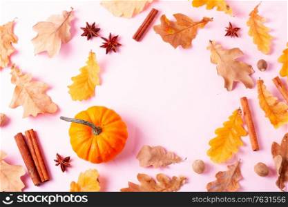Pumpkins, fall leaves and spices on pink flat lay autumn background, copy space. Fall season and holidays concept.. pumpkin on table