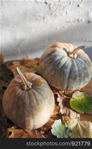 Pumpkins for Halloween with autumn leaves. Vertical photo