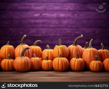 Pumpkins on a wooden table with purple wall in the background