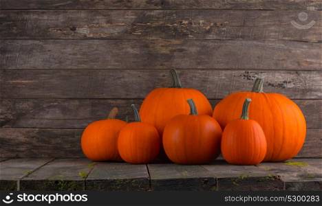 Pumpkins on wooden background. Many orange pumpkins on dark wooden background, Halloween concept