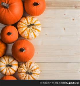Pumpkins on wooden background. Many orange pumpkins on wooden background, Halloween concept