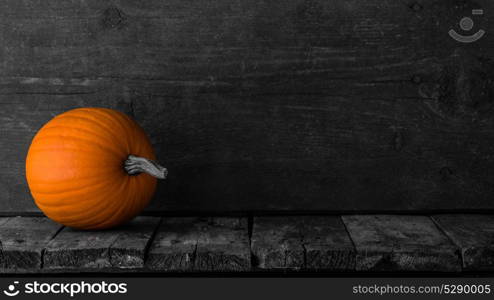 Pumpkins on wooden background. One orange pumpkin on dark wooden background, Halloween concept