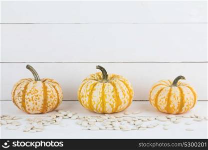 Pumpkins on wooden background. Three orange pumpkins and seeds on white wooden background, Halloween concept
