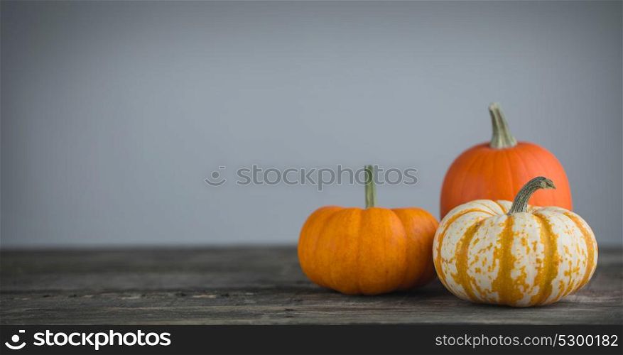 Pumpkins on wooden table. Three orange pumpkins on dark wooden table over gray background, Halloween concept