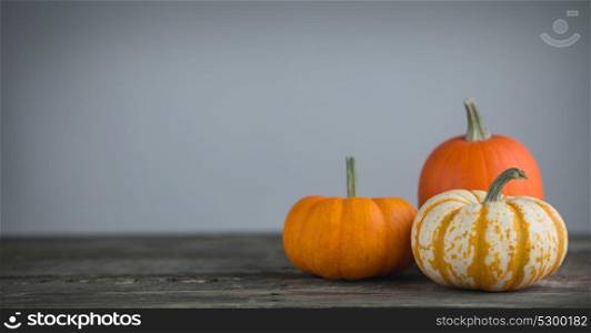 Pumpkins on wooden table. Three orange pumpkins on dark wooden table over gray background, Halloween concept