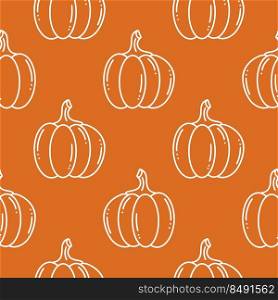 Pumpkins silhouette on orange background. Hand drawn white pumpkins vector seamless pattern. Autumn print with vegetables. Bright fall repeat model for textiles, packaging and design. Pumpkins silhouette on orange background