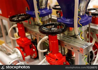 Pumps and valves for fire extinguishing system. Selective focus.