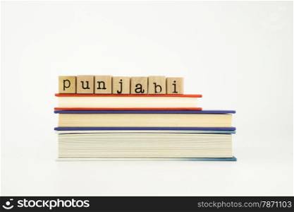 punjabi word on wood stamps stack on books, foreign language and translation concept