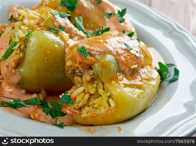 Punjena paprika - stuffed pepper.dish made of peppers, stuffed with a mix of meat and rice in tomato sauce. Serbian and Croatian cuisine