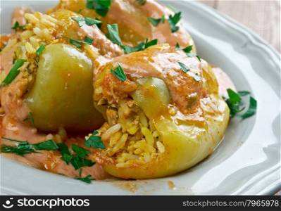 Punjena paprika - stuffed pepper.dish made of peppers, stuffed with a mix of meat and rice in tomato sauce. Serbian and Croatian cuisine