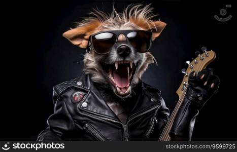 Punk dog in leather jacket rocking out with an electric guitar. Rockstar canine in sunglasses. Created with generative AI tools. Punk dog in leather jacket. Created by AI