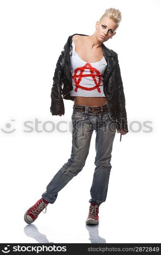 Punk girl in leather jacket.