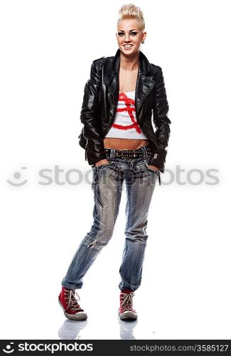 Punk girl in leather jacket smiling