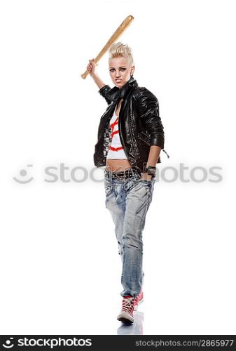 Punk girl in leather jacket with a baseball bat