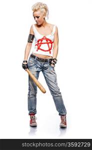 Punk girl with a bat isolated on white.