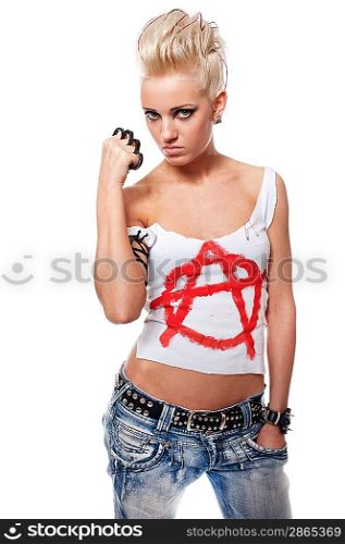 Punk girl with a brass knuckles.