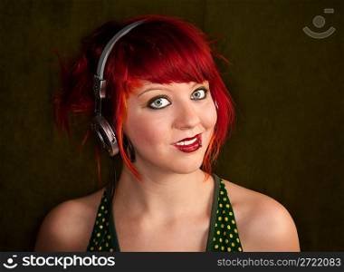 Punky Girl with Red Hair Listening to Music