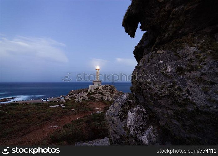 Punta Nariga Lighthouse at twilight, Bay of Biscay, Spain