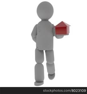 Puppet with small house, isolated over white, 3d rendering