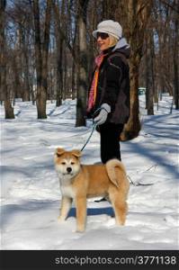 Puppie of Japanese dog Akita Inu, with lady,walking in the park ,Belgrade,Serbia.First steps on the snow.