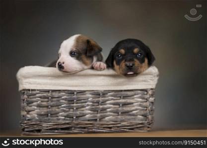 Puppies in a wicker basket
