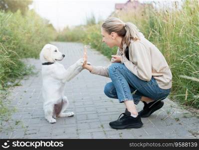 Puppy labrador retriever and young girl. Young girl playing with golden retriever 