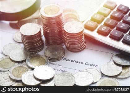purchase order with calculator and money coins, concept in account and business