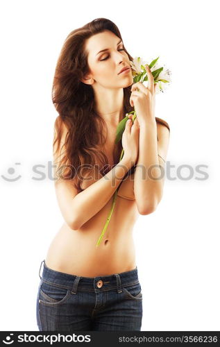 pure beautiful woman with flower on white background