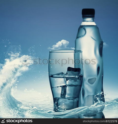 Pure mineral water against ocean surface, healthy life concept