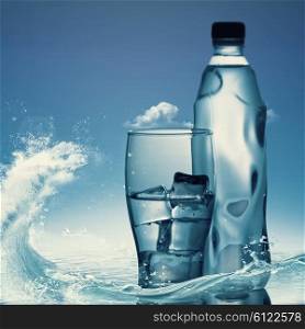 Pure mineral water against ocean surface, healthy life concept